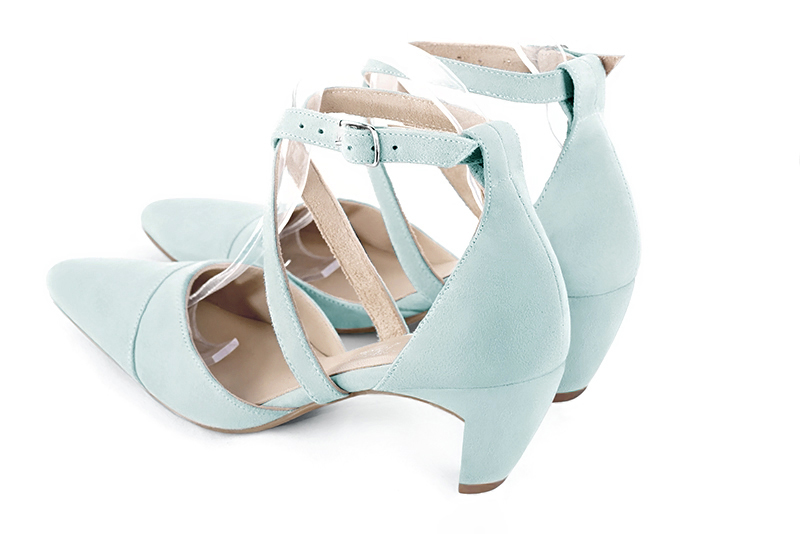 Aquamarine blue women's open side shoes, with crossed straps. Tapered toe. Medium comma heels. Rear view - Florence KOOIJMAN